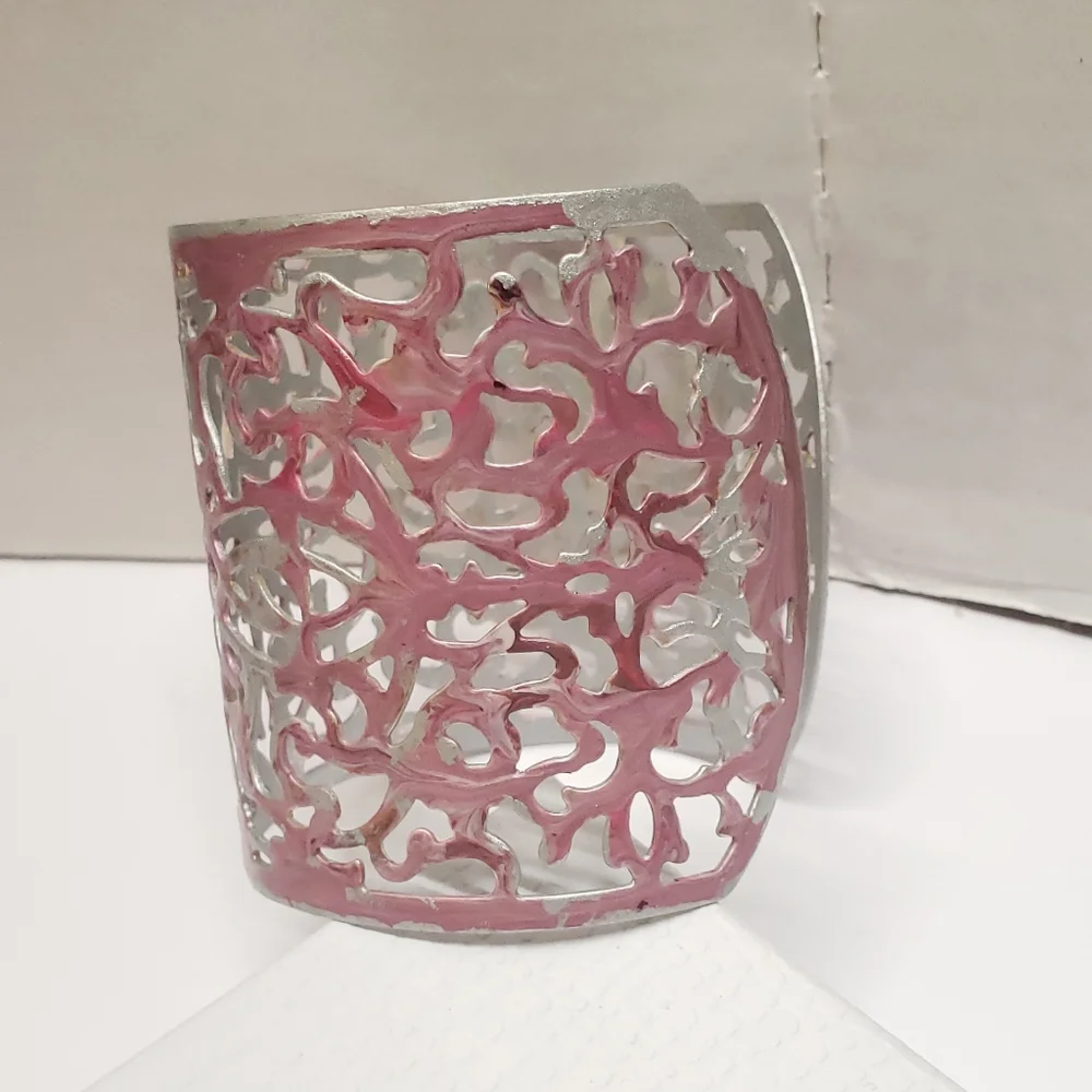 Hand Painted Abstract Pink & Silver Cuff Bracelet Filigree Statement Bracelet